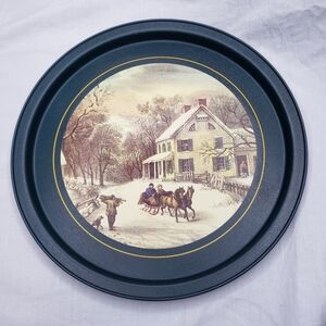 Vintage Currier And Ives Metal Winter Snow Homestead Scene Tray 10.5 Inches